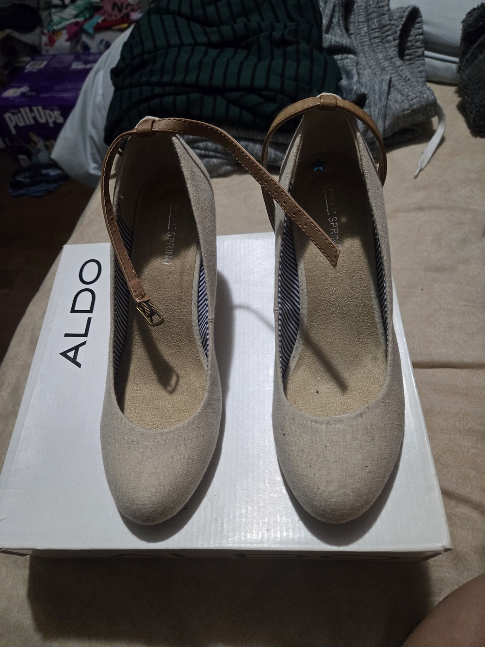 ALDO Beige Linen Round-Toe Ankle-Strap Heels